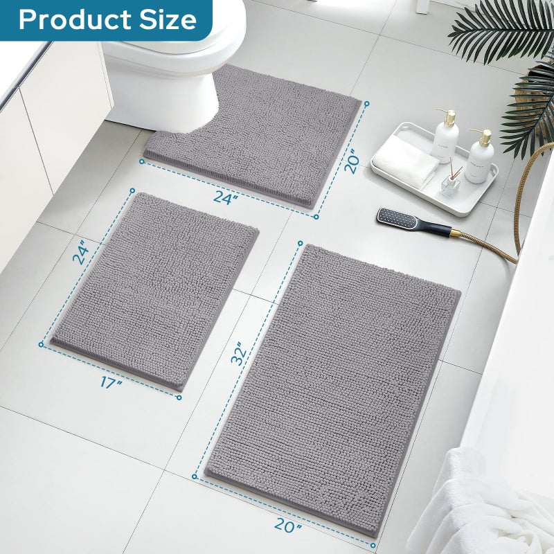BYSURE Grey Bathroom Rugs Sets 3 Piece Non Slip Extra Absorbent Plush Chenille Soft Washable Bath Mats - Image 2
